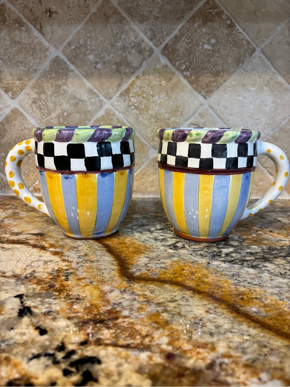 Vintage Mackenzie-Childs Hand Painted Striped Ceramic Mugs